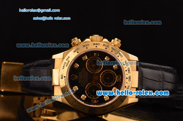 Rolex Daytona Swiss Valjoux 7750-DD Automatic Gold Case with Black Dial and Diamond Markers - Click Image to Close